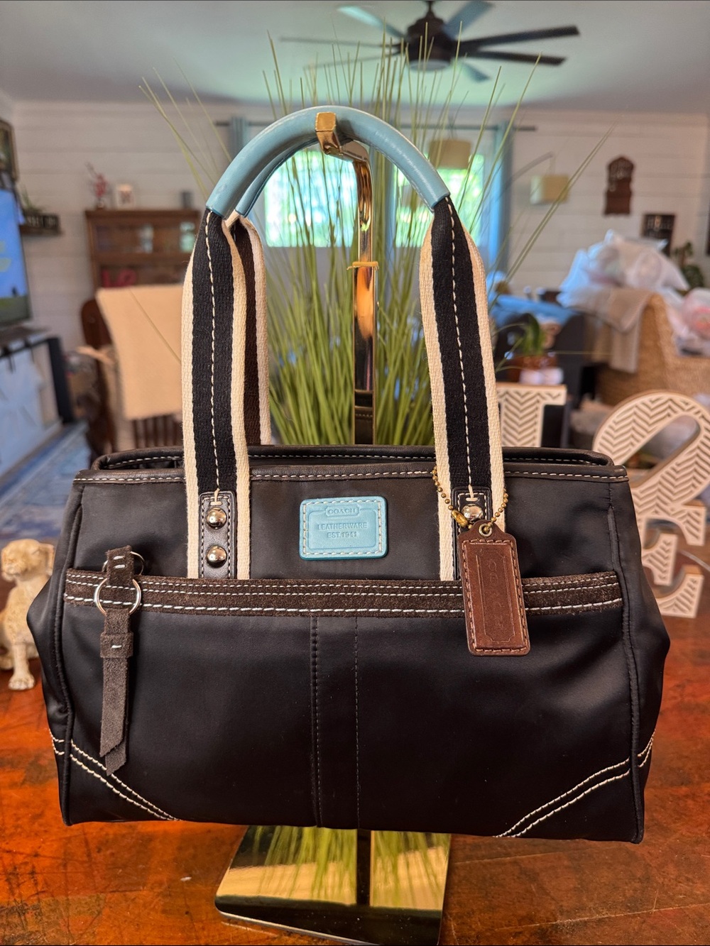 Coach Black Nylon Shoulder Bag with Light Blue Accents